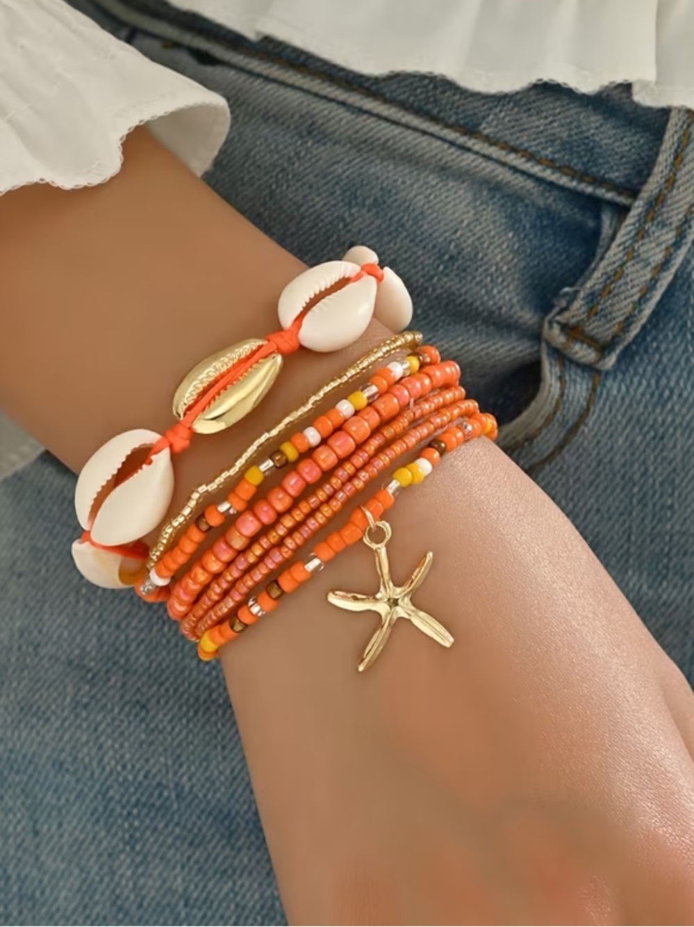 Boho Shell & Starfish Stackable Bracelet Set in Orange